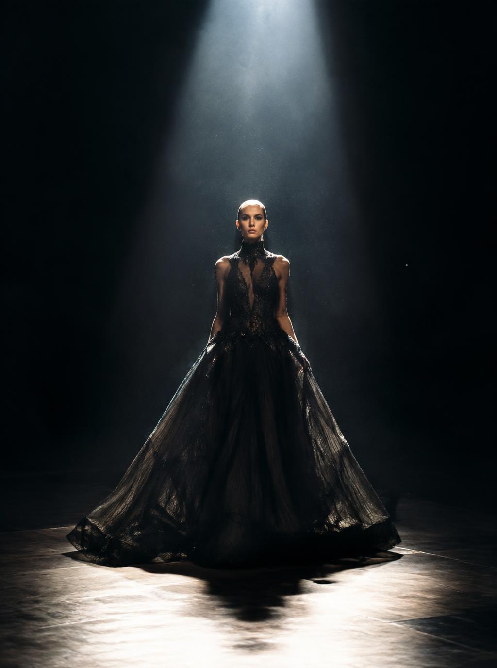 Wide silhouette of a gown on an empty runway under a spotlight